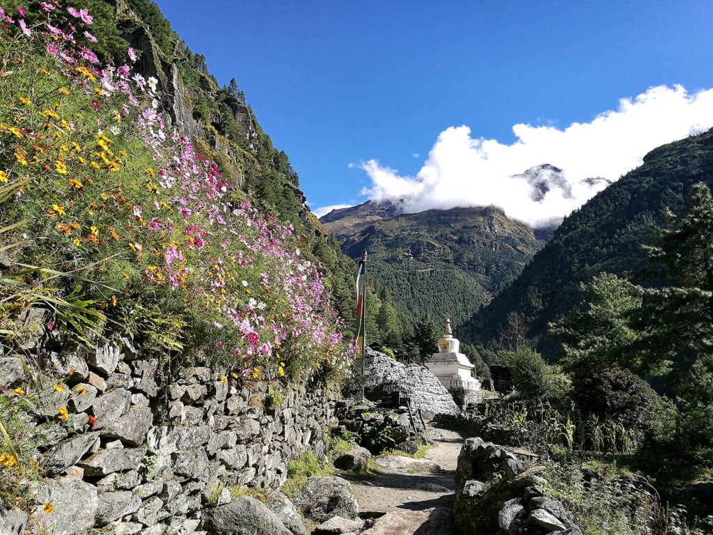 Everest base camp trek in Summer. Walking to Phakding
