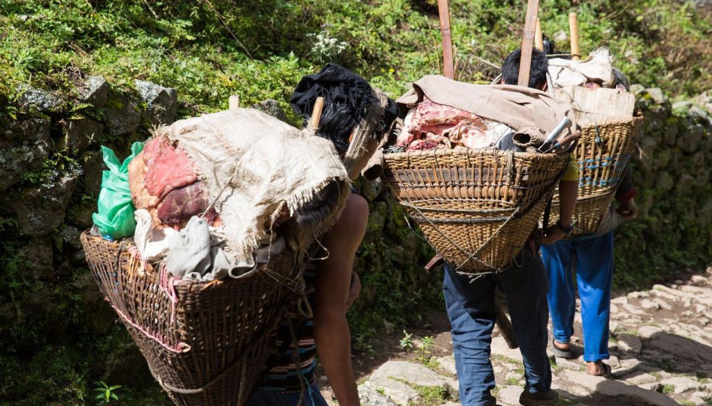 On the Everest Base Camp Trek, porters are carrying the meat