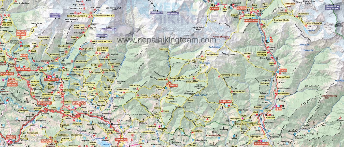 Annapurna Circuit route map from Dharapani to Chame showing road sections, walking trail, villages, and elevation gain