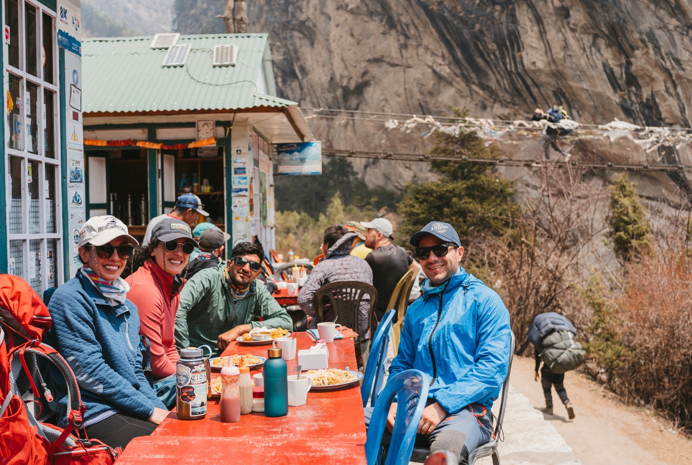 Group of people in outdoor gear dining in Sagarmatha National Park