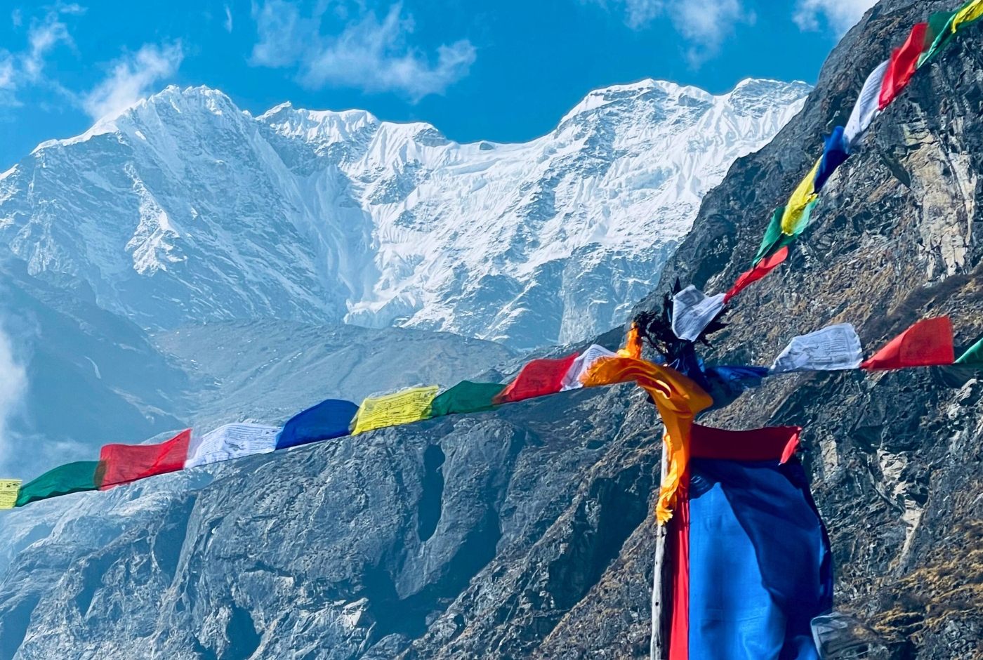 Prayer flags and views of langtang lirung