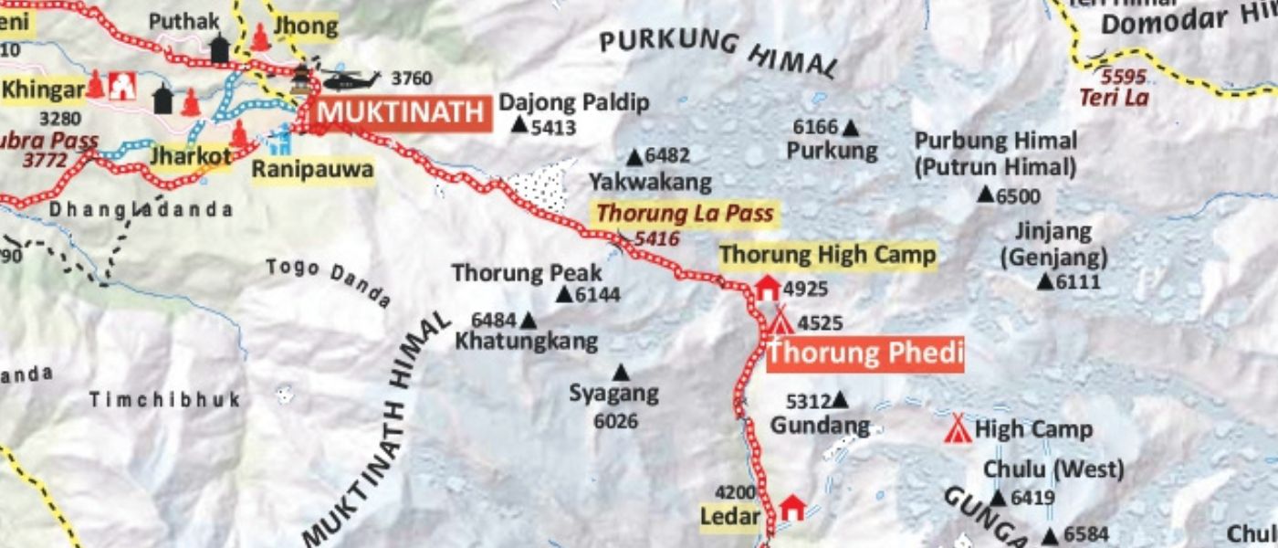 Thorong La Pass map showing Annapurna Circuit route from Thorong Phedi to Muktinath with elevation, pass crossing, and descent