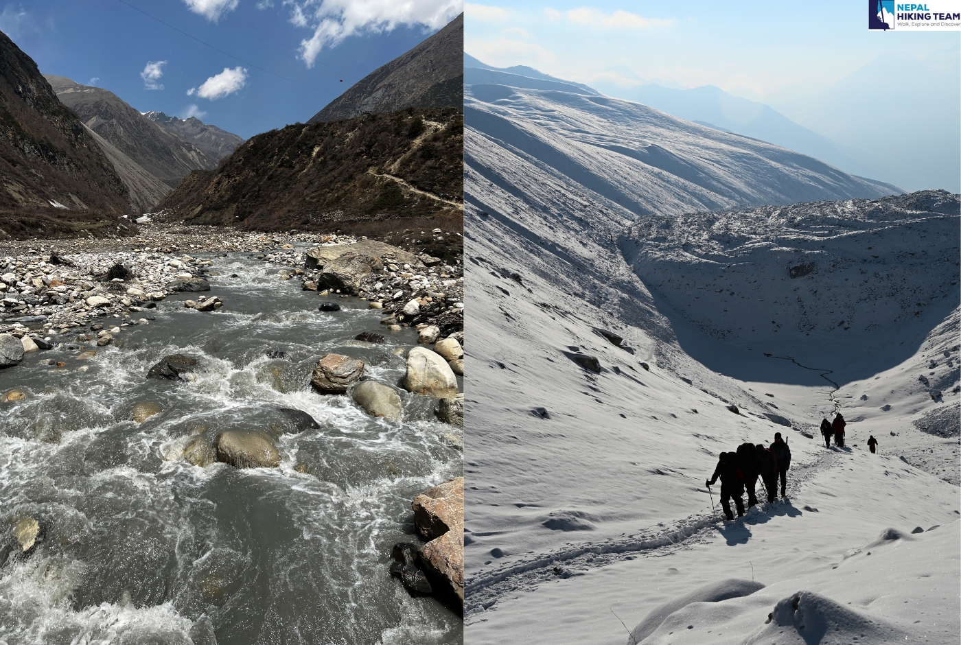 The left image shows a rocky river flowing through a mountain valley, while the right image captures trekkers ascending a snowy slope in a high Altitude area