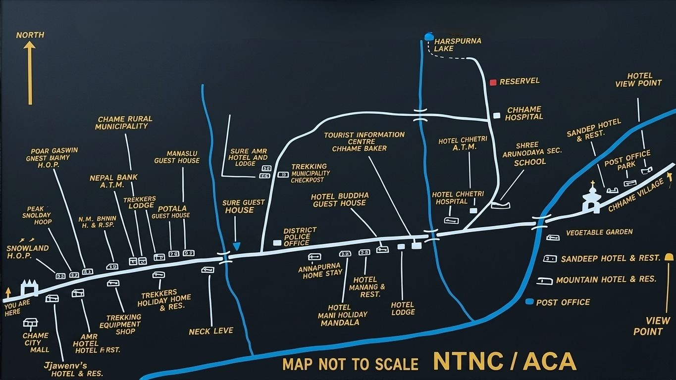Sketch map at the entrance of Chame village showing lodges, checkpoints, ATM, hospital, and trekking services on the Annapurna Circuit