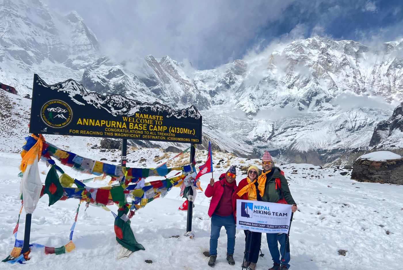 Trekkers at Annapurna Base Camp signboard with snow-covered Annapurna peaks