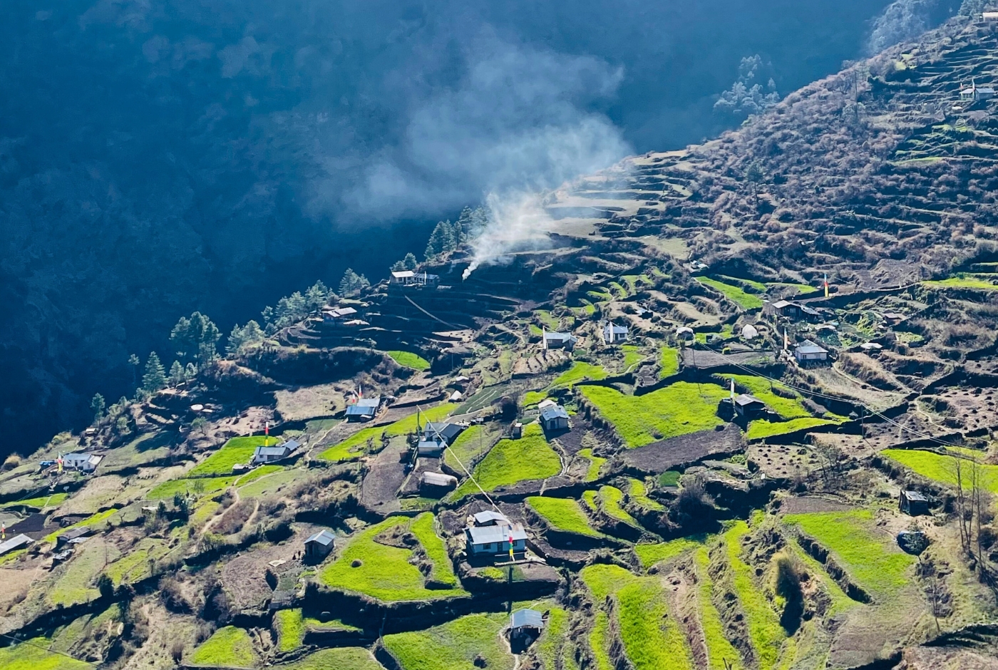 Terrace field and mountain village of langtang