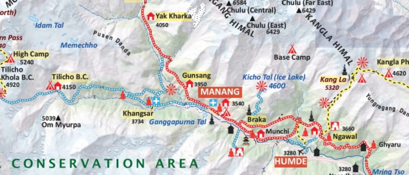Annapurna Circuit map around Manang showing acclimatization hikes, Gangapurna Lake, Ice Lake, Braga Monastery, and Tilicho Lake junction