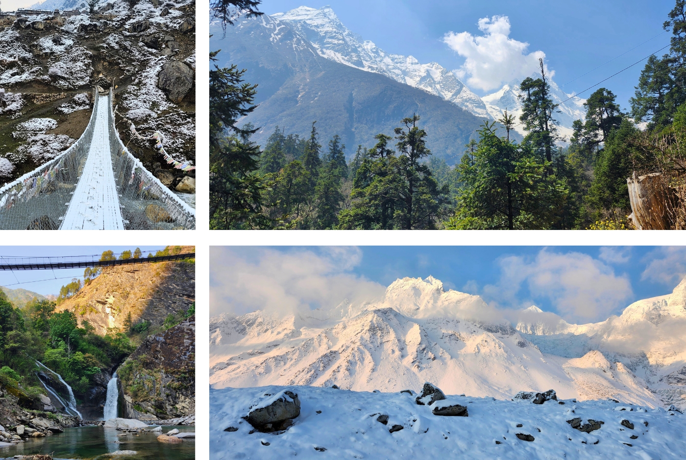 Suspension Bridge, rocky trails and mountains  langtang