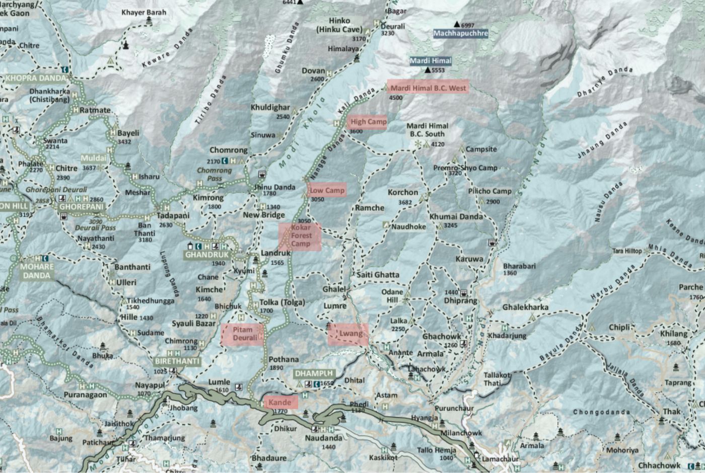 Mardi Himal Trek map from Pokhara to Upper Viewpoint via Kande, Pothana, Deurali, Forest Camp, Low Camp, Badal Danda, and High Camp with elevation details