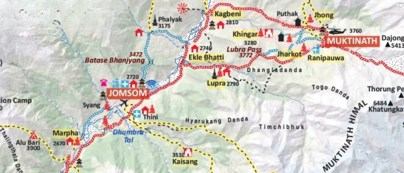 Annapurna Circuit route map from Muktinath to Jomsom showing Lupra route, Kali Gandaki Valley, road sections, and exit route