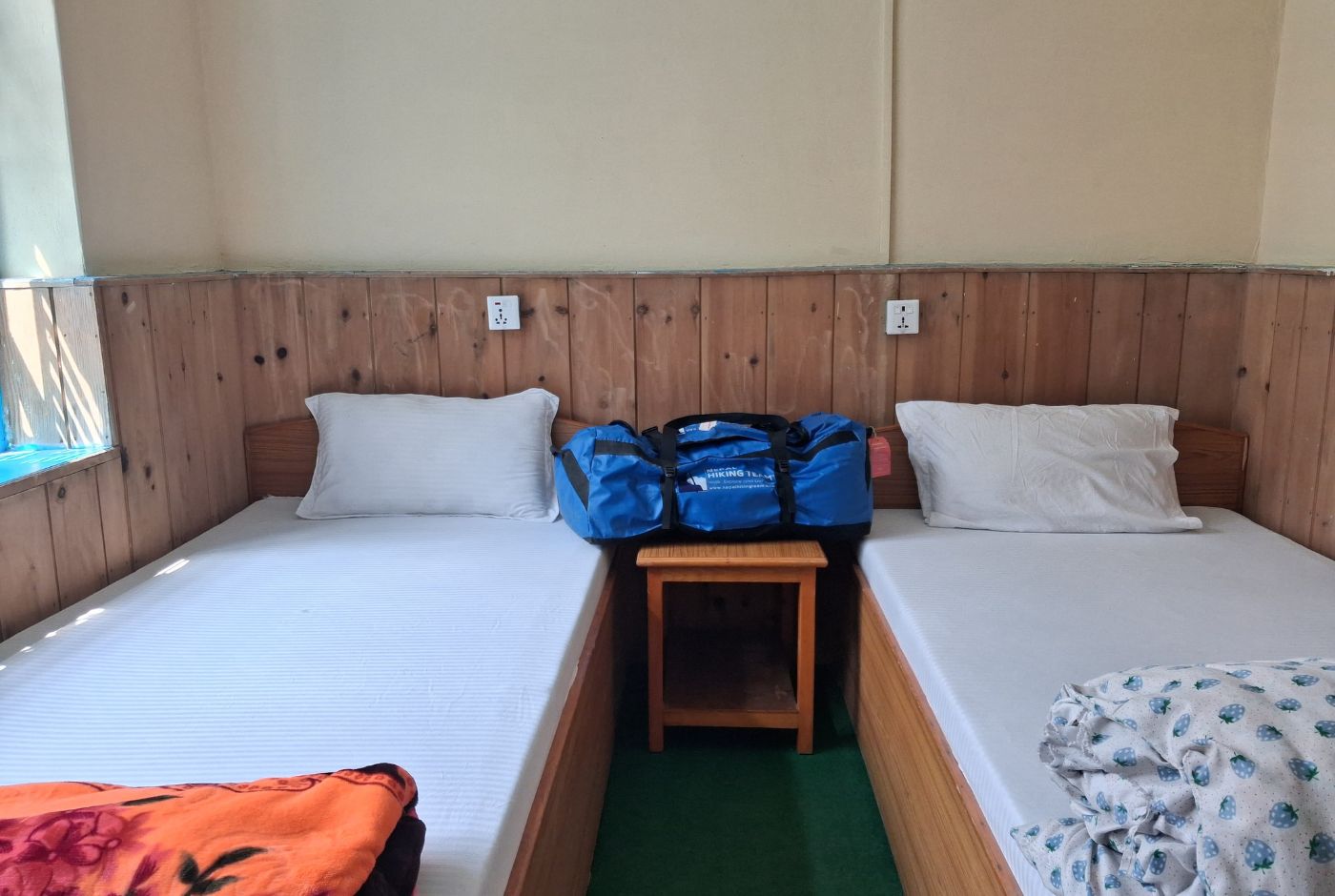 Twin room in a Chame lodge on the Annapurna Circuit Trek