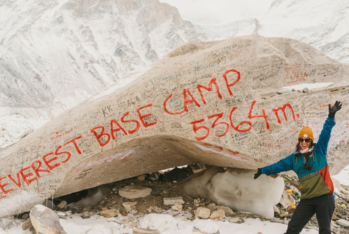 Celebrating at Everest Base Camp, rock marked 5364 m