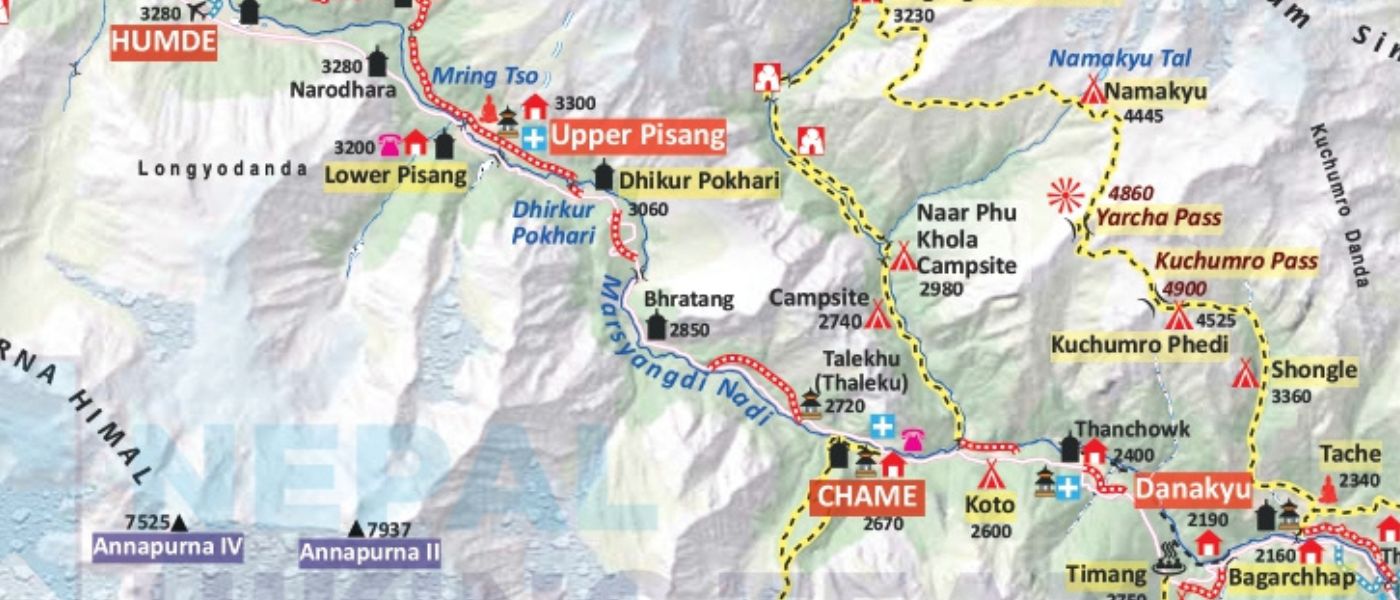Annapurna Circuit trail map from Chame to Pisang showing trekking route, distance, elevation, and valley trail
