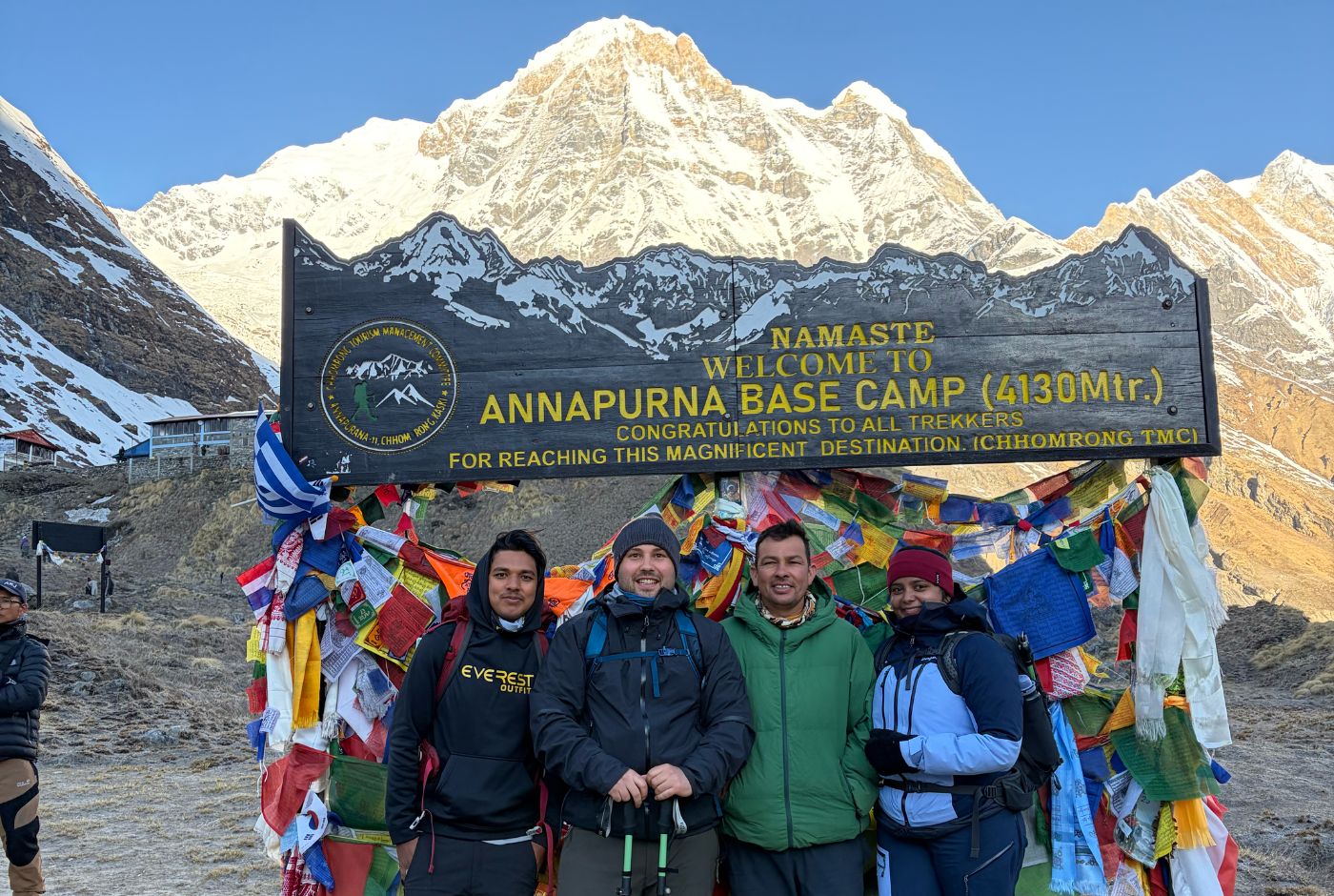 Trekkers at Annapurna Base Camp signboard with Annapurna peaks in the background