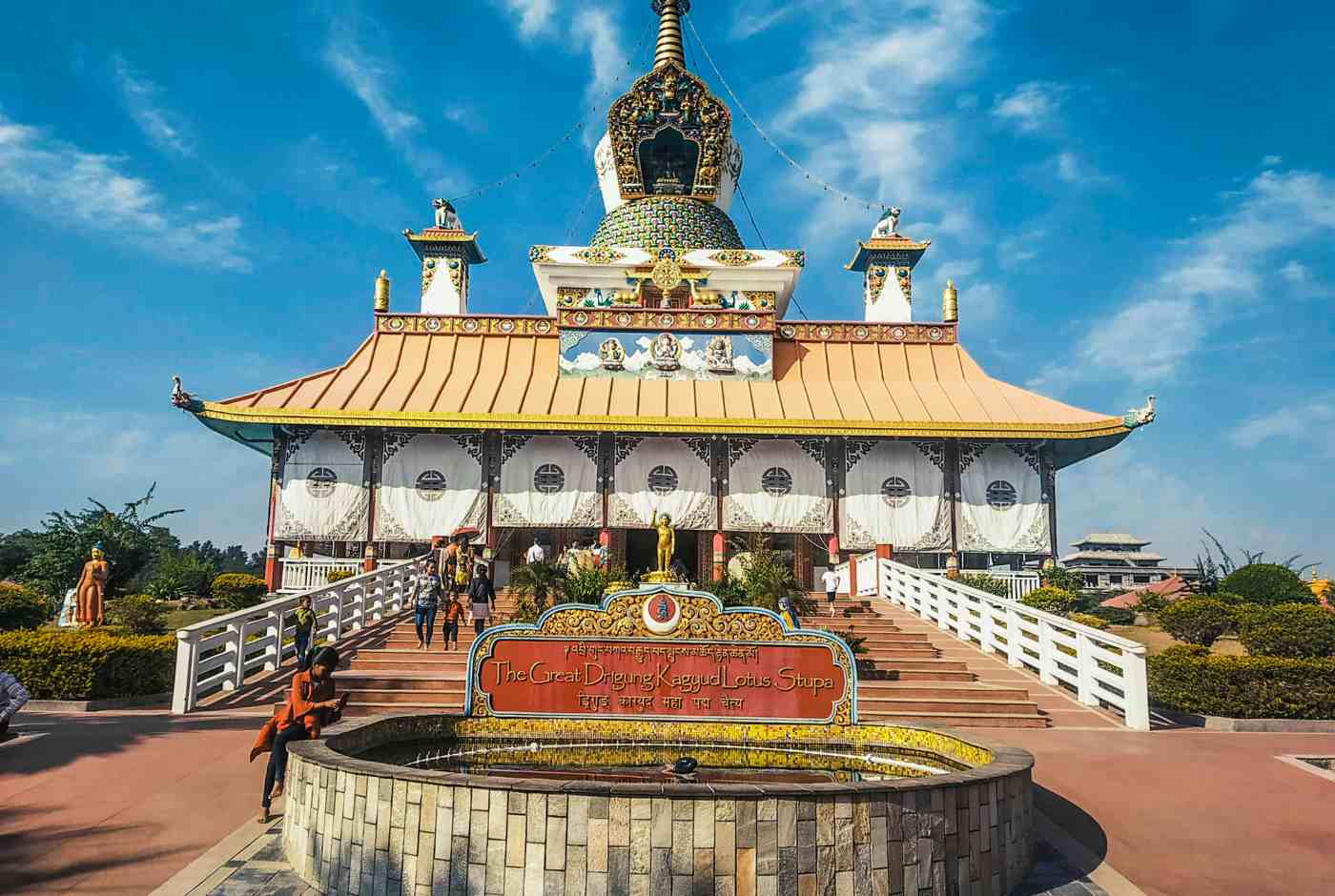 Great Drigung Kagyu Lotus Stupa monastery in Lumbini Nepal representing international Buddhist architecture