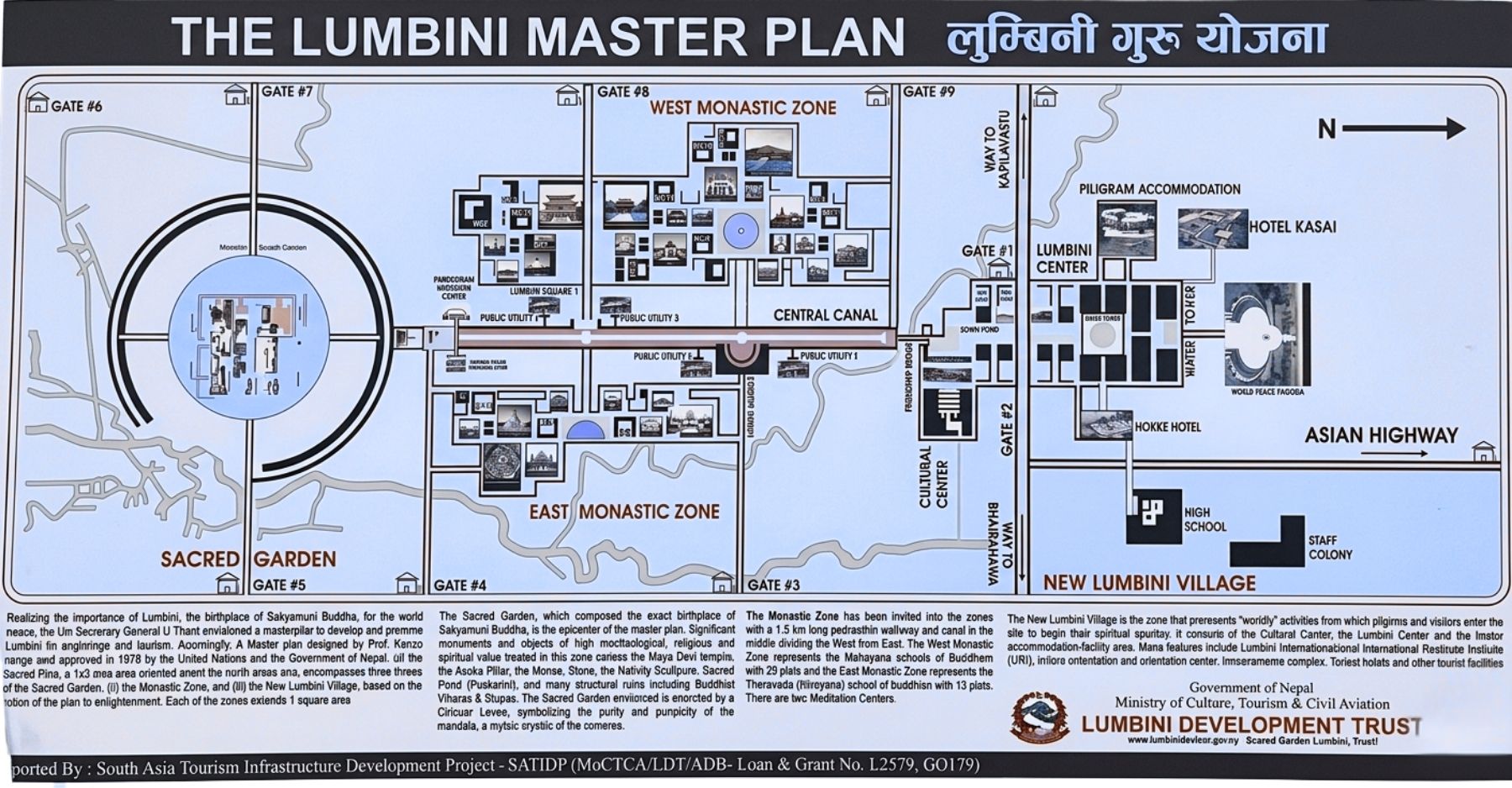 Lumbini master plan map showing Sacred Garden, Maya Devi Temple, Ashoka Pillar, Puskarini Pond, East and West Monastic Zones, Central Canal, World Peace Pagoda, and New Lumbini Village layout