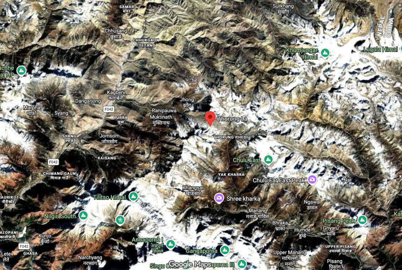 Annapurna Circuit Trek map on Google Maps showing Thorong La Pass, Manang, Muktinath, Jomsom, Tilicho Lake, and nearby villages