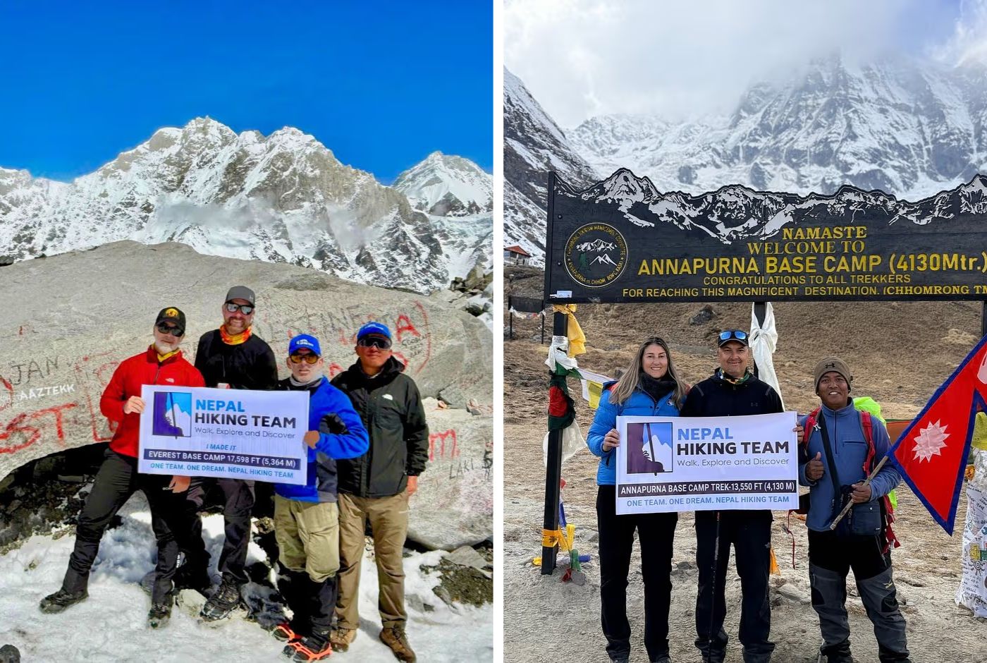 Trekkers at Everest Base Camp and Annapurna Base Camp showing the main altitude and scenery differences between the EBC and ABC treks.