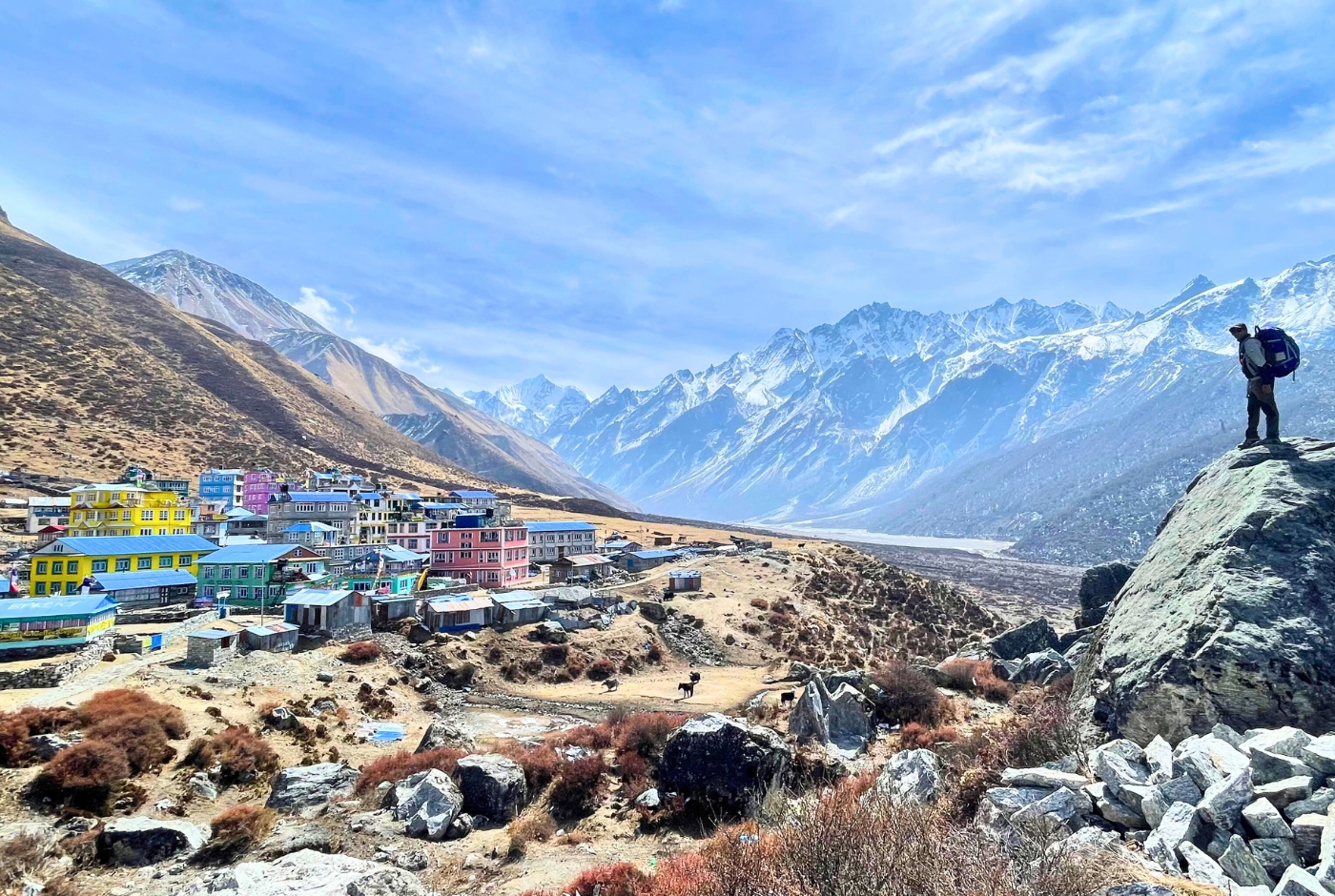 A colorful village with mountain backdrop in Langtang Valley Trek, Nepal