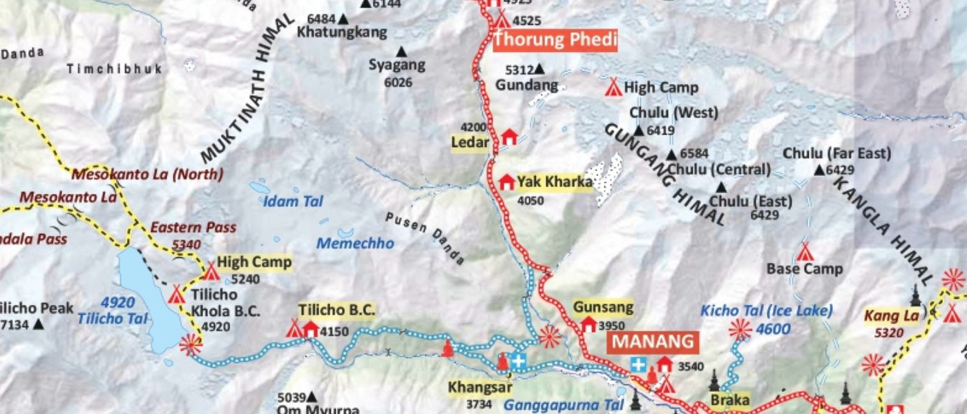 Annapurna Circuit trekking map from Manang to Yak Kharka and Thorong Phedi showing altitude gain, walking trail, and pass approach