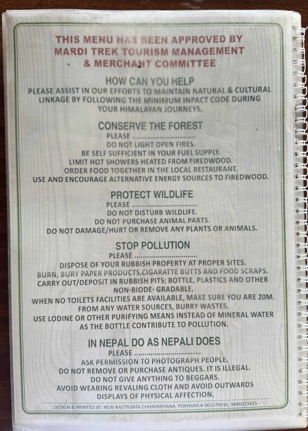 Real Food Menu at High Camp, Mardi Himal Trek