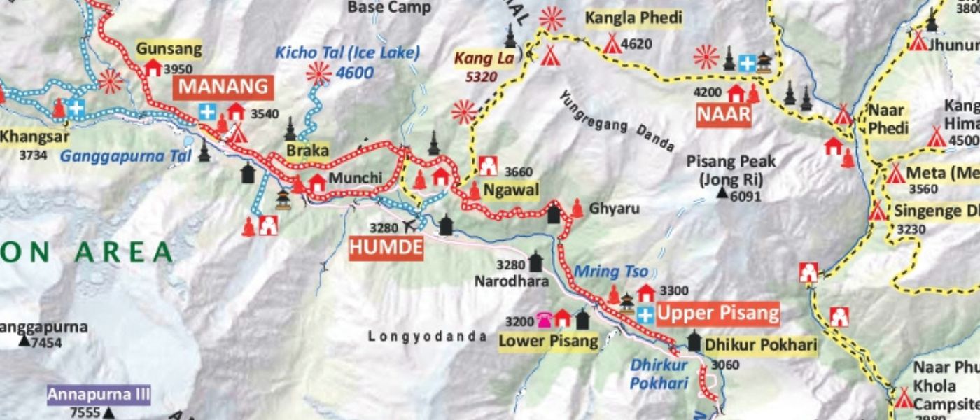 Annapurna Circuit map from Pisang to Manang showing upper route, lower route, villages, Braga Monastery, and altitude gain