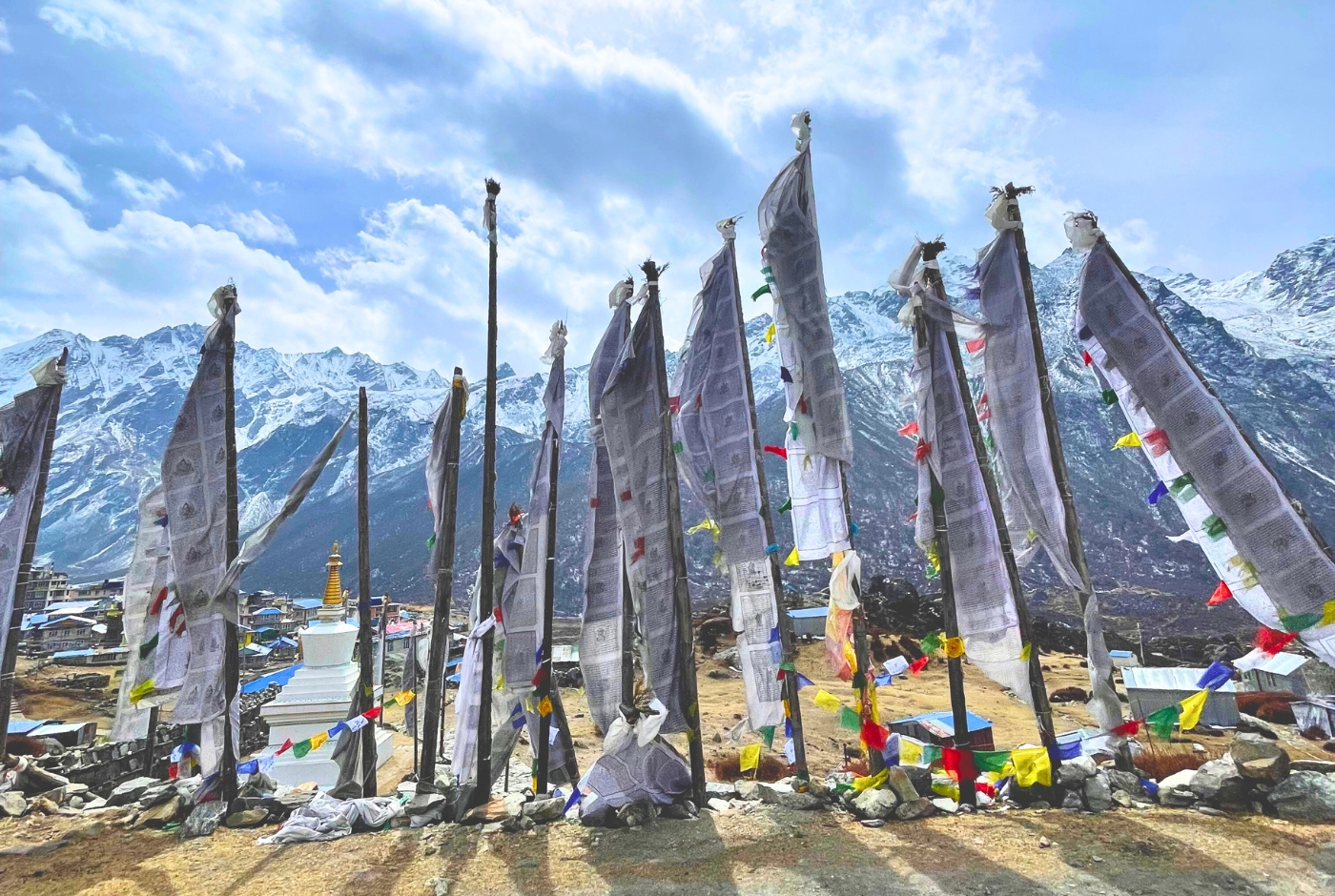 Prayer flags and stupa with snow Capped mountains kyanjin gompa, langtanf