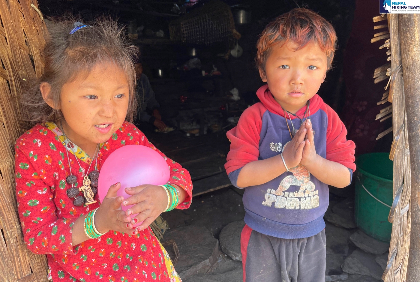 Kids in Manaslu Region  Greeting and welcoming the guest