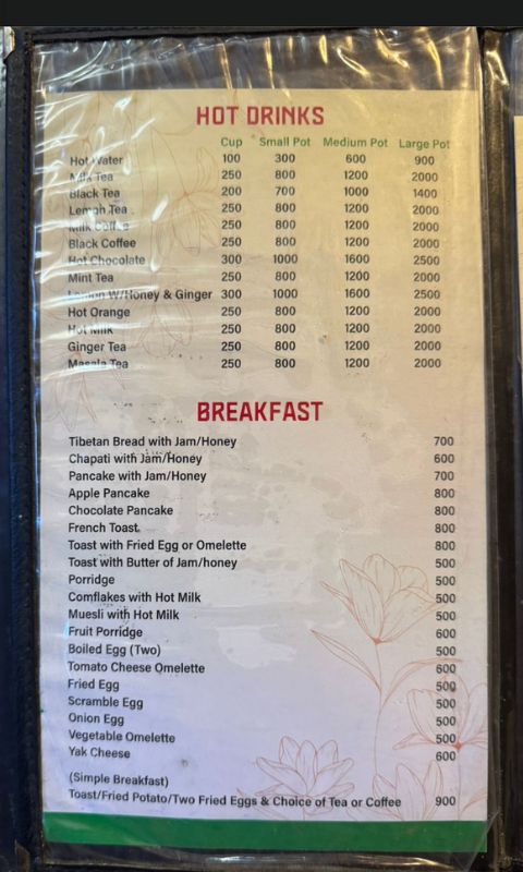 Food menu with real prices at Phakding during Everest Base Camp Trek