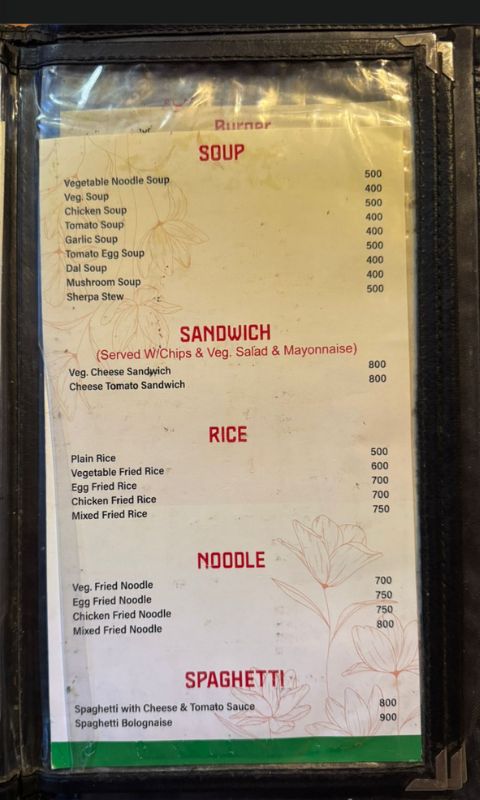 Food menu with real prices at Phakding during Everest Base Camp Trek