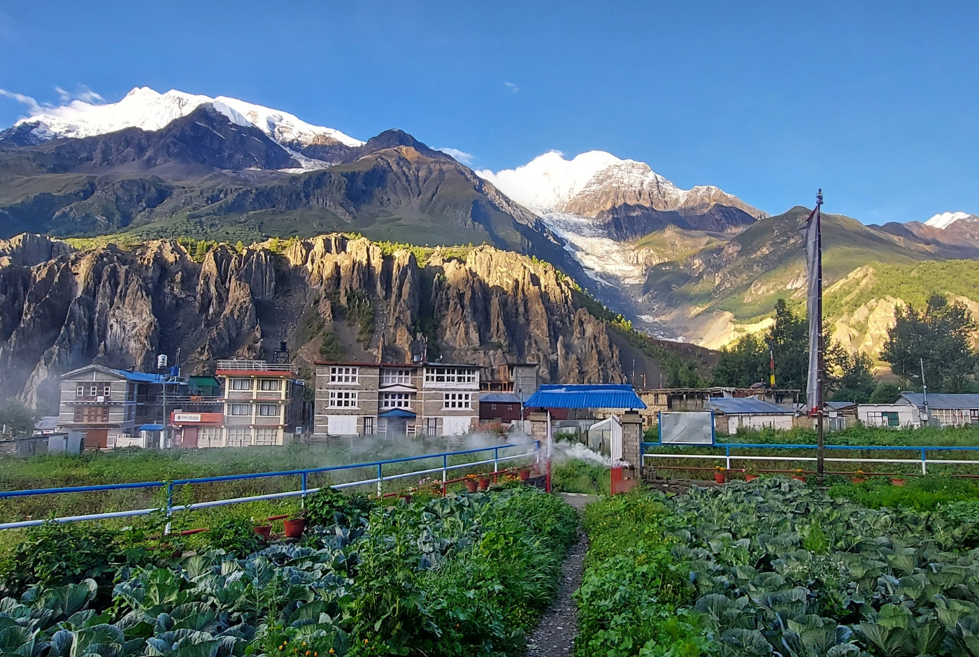 Manang village with Himalayan views on the Annapurna Circuit Trek