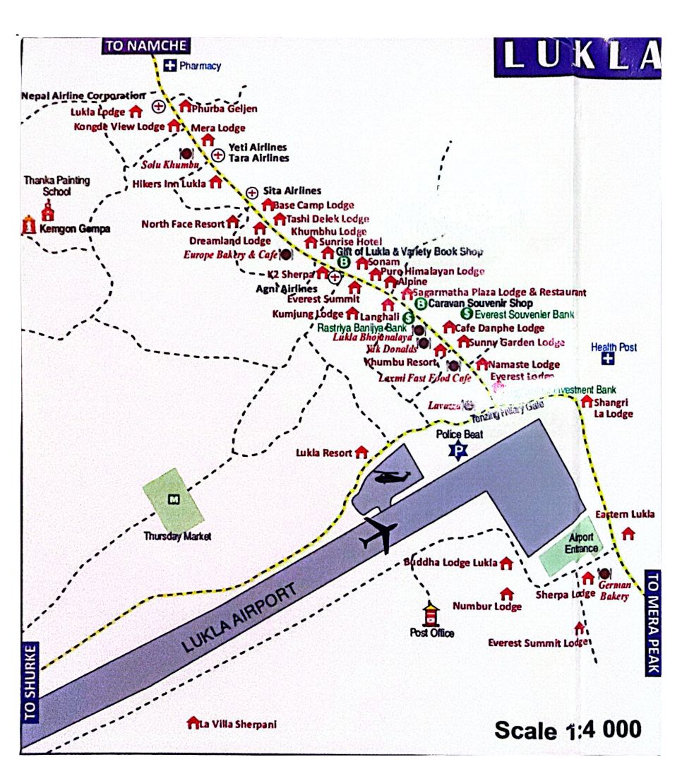 Lukla village map showing Lukla Airport, the trail to Namche Bazaar, the route to Surke, Kemgon Monastery, lodges, shops, and key places to visit before or after an Everest region trek.