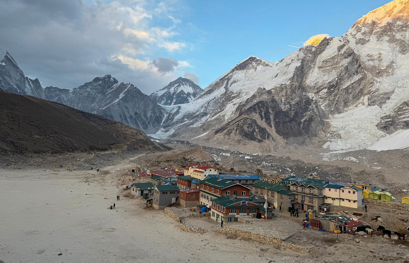 Gorak Shep teahouse lodges at 5,164 meters with Mount Everest and Khumbu Glacier backdrop on EBC trek