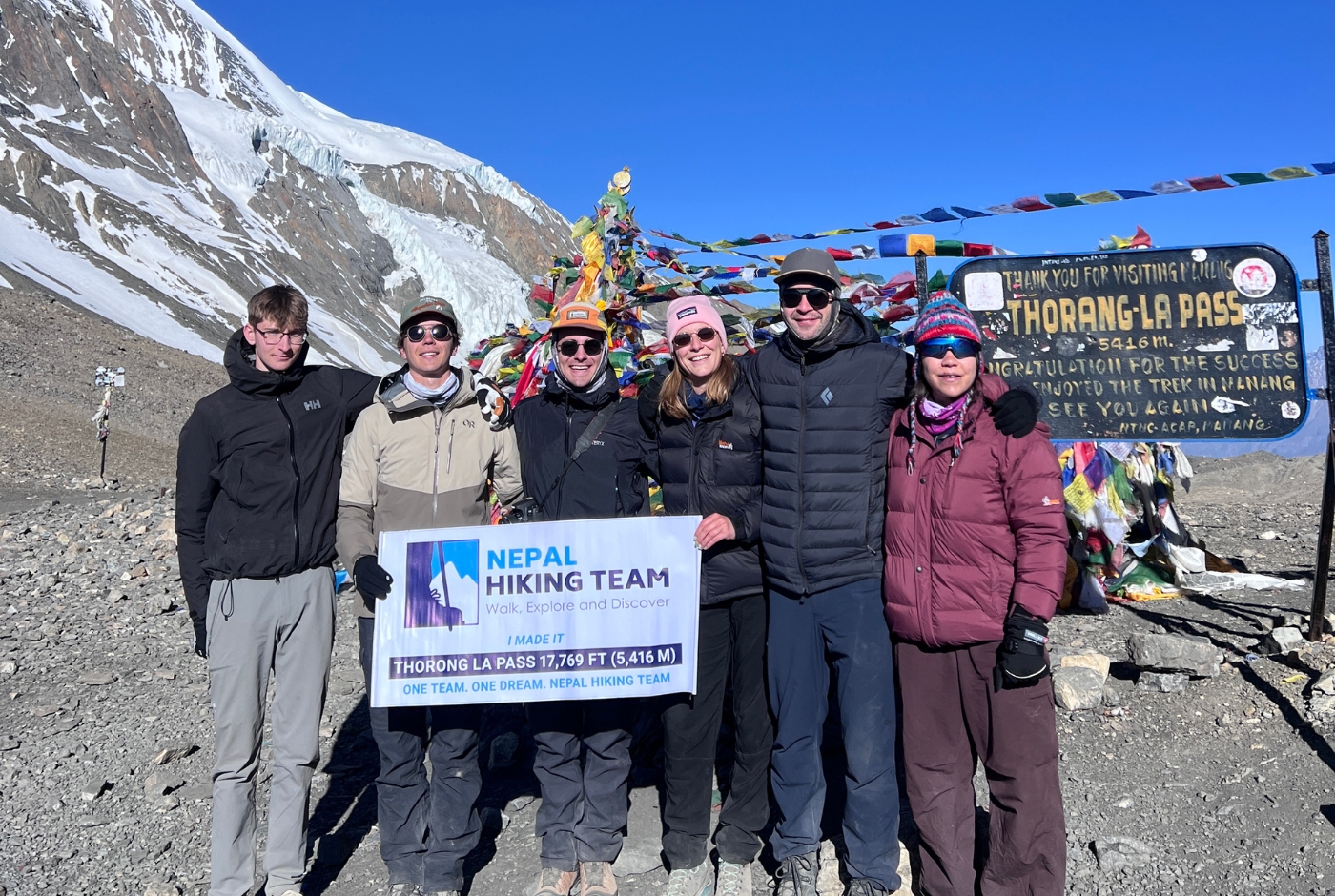 Annapurna Circuit trekkers at Thorong La Pass after the high-altitude crossing