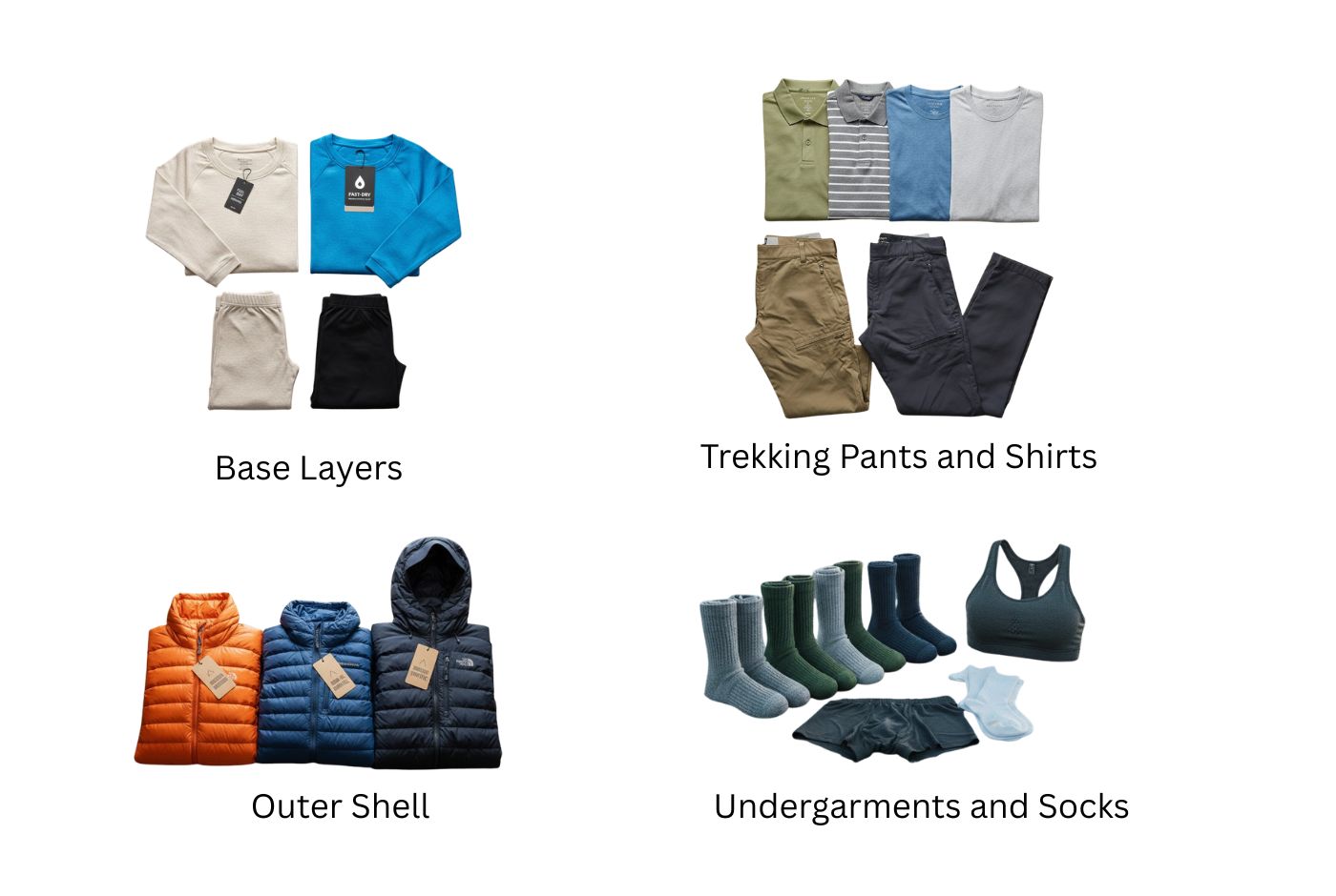 ABC Trek essential clothing base layers, quick Dry pants, down jackets, and wool trekking socks