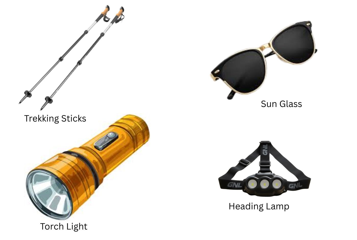 Essential trekking Gear such as Trekking Sticks, Sun Glass, Torch Light and Heading Lamp For Everest Base Camp