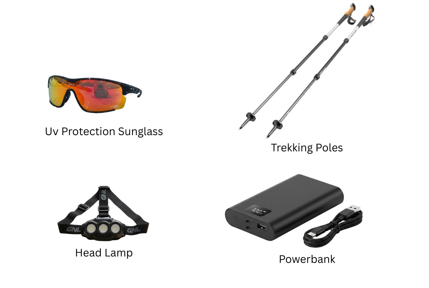 UV sunglasses, trekking poles, headlamp, and power bank for Annapurna Base Camp Trek accessories