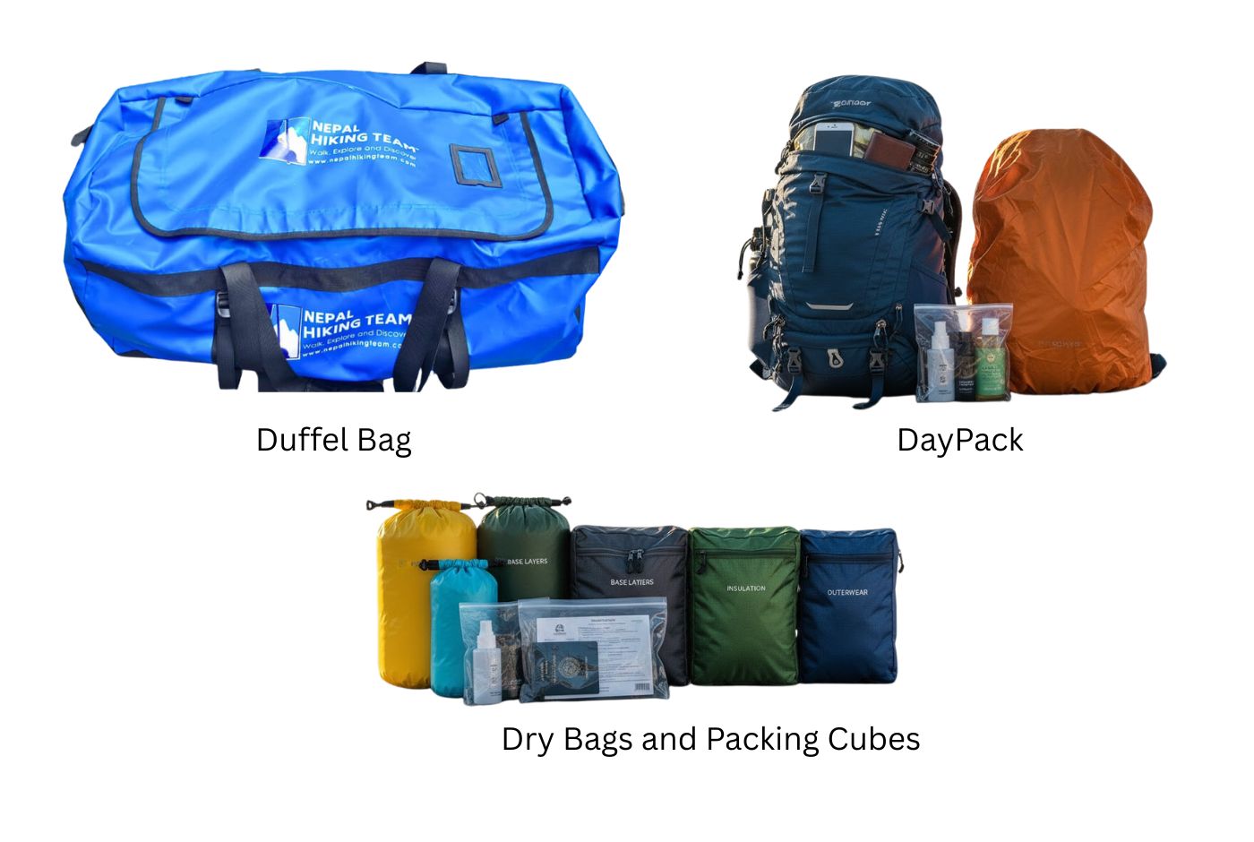 Duffel bag, daypack, dry bags, and packing cubes for Annapurna Base Camp Trek storage