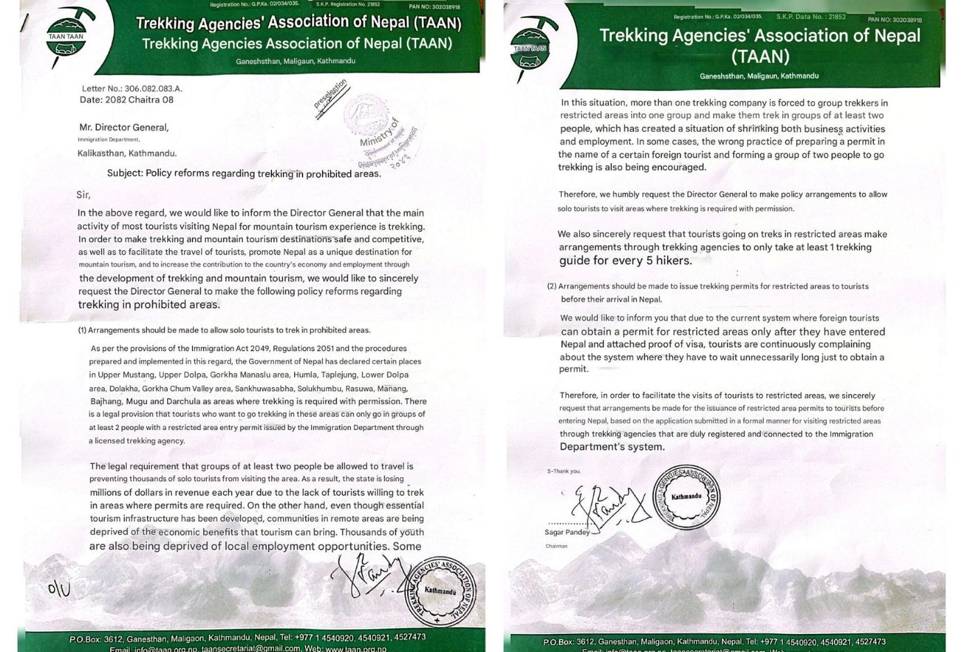 Official TAAN letter to Nepal Immigration Department proposing solo trekker and pre Arrival permit reforms