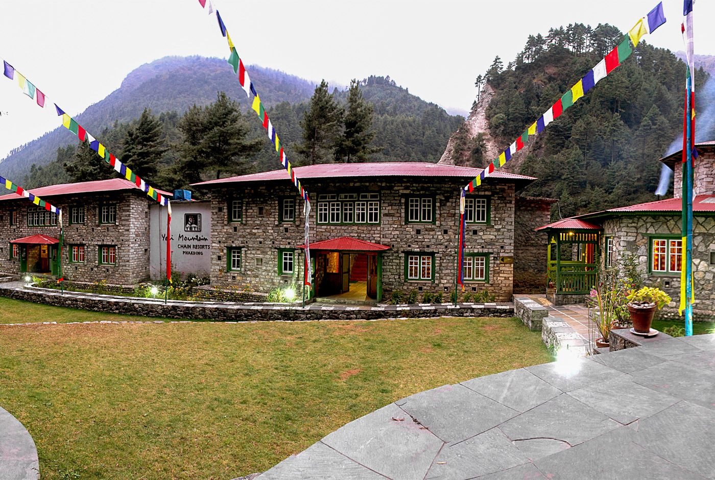 Yeti Mountain Home Luxury Lodge In Phakding With Stone Buildings And Prayer Flags, Everest Trek Route