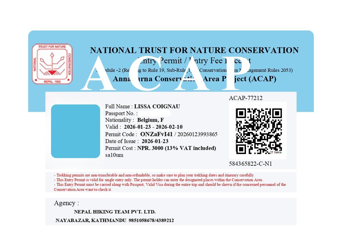 Sample Annapurna Conservation Area Permit Entry Permit issued by Nepal Hiking Team for Annapurna Conservation Area trek