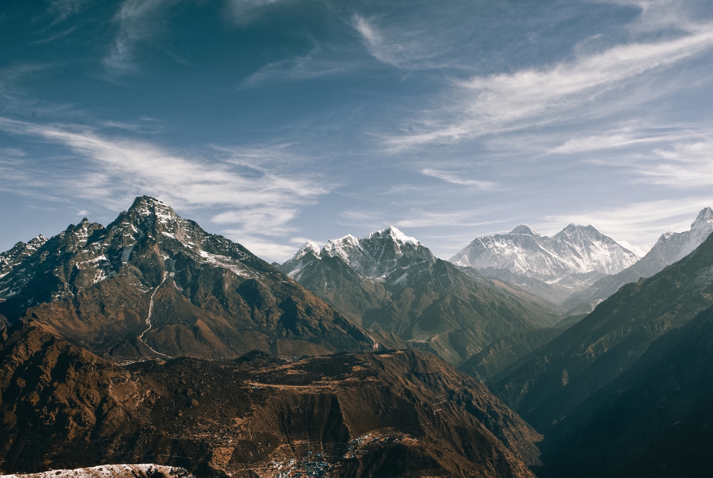 Himalayan mountain range, showcasing a mix of rugged peaks and snow Covered summits under a partly cloudy sky kondge view