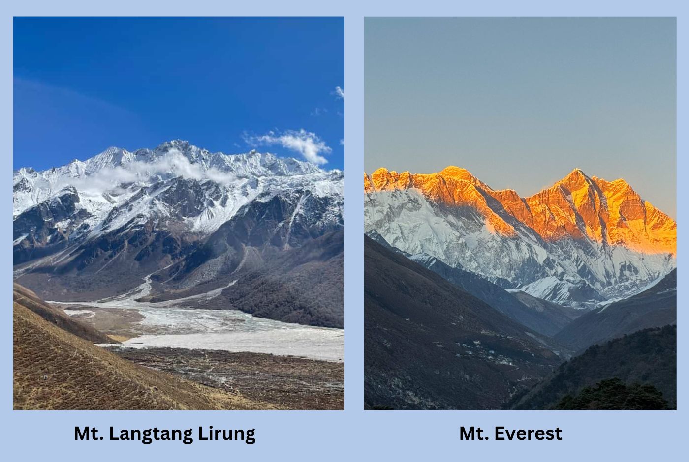 Mount Langtang Lirung and Mount Everest at sunrise highlighting scale contrast