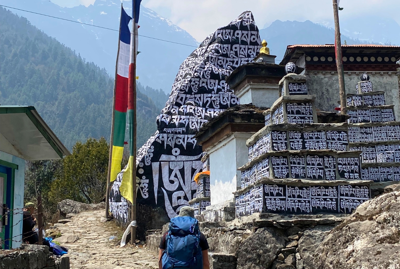 Monjo mani walls and prayer flags