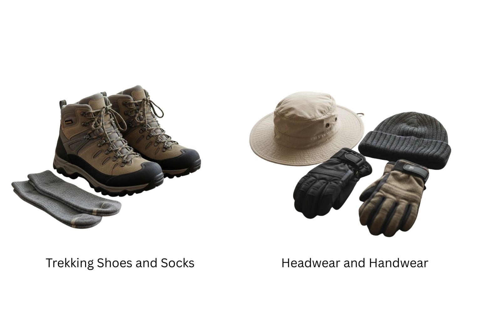 Waterproof trekking boots and wool socks shown with a sun hat, warm beanie, and insulated gloves for Himalayan conditions