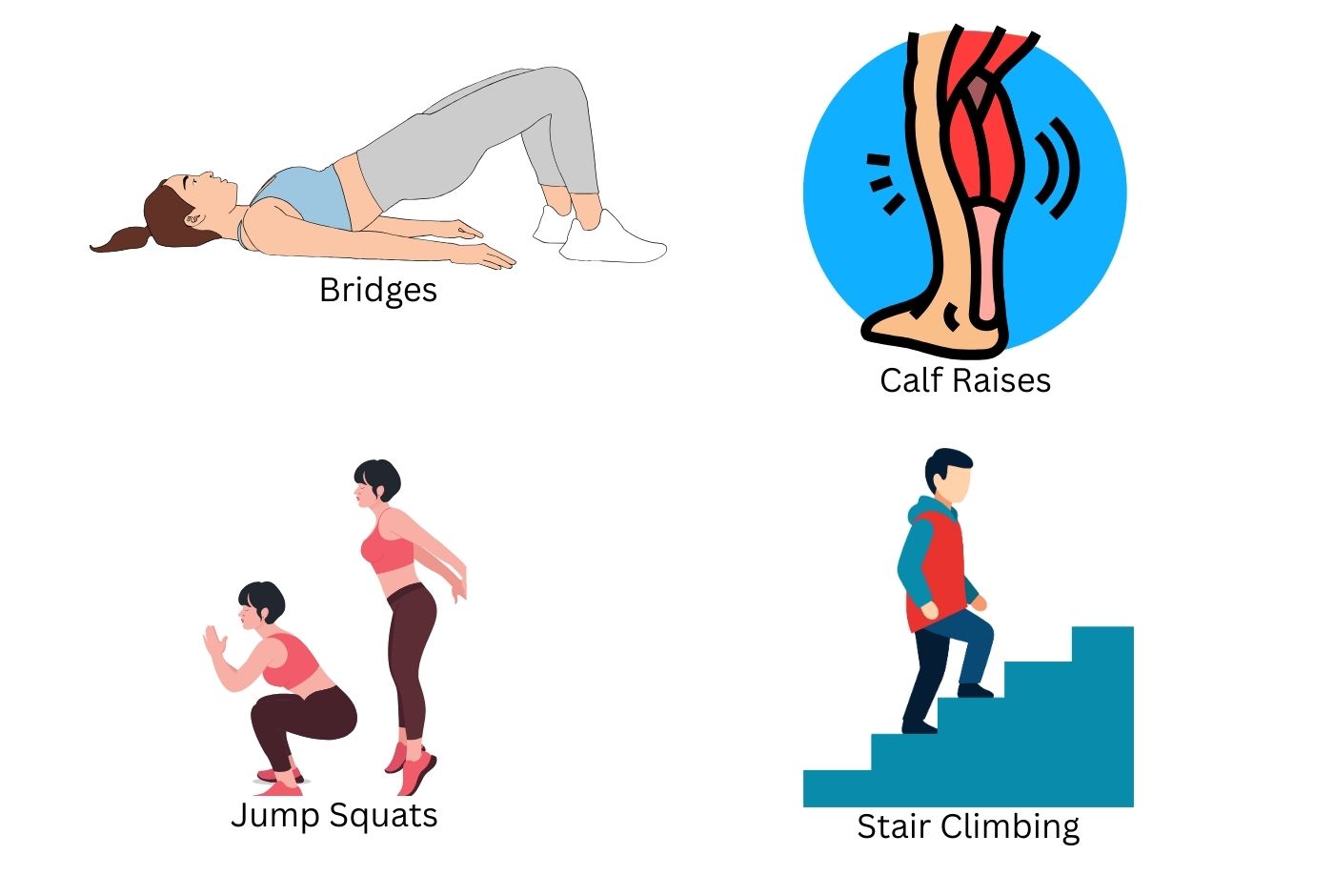 Illustration of four trekking preparation exercises &mdash; bridges, calf raises, jump squats, and stair climbing &mdash; for Nepal Himalayan trekking fitness training