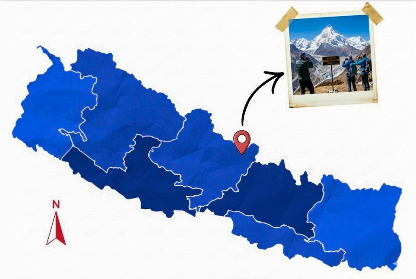 Map of Nepal showing Manaslu Circuit Trek location in Gorkha District with mountain inset photo