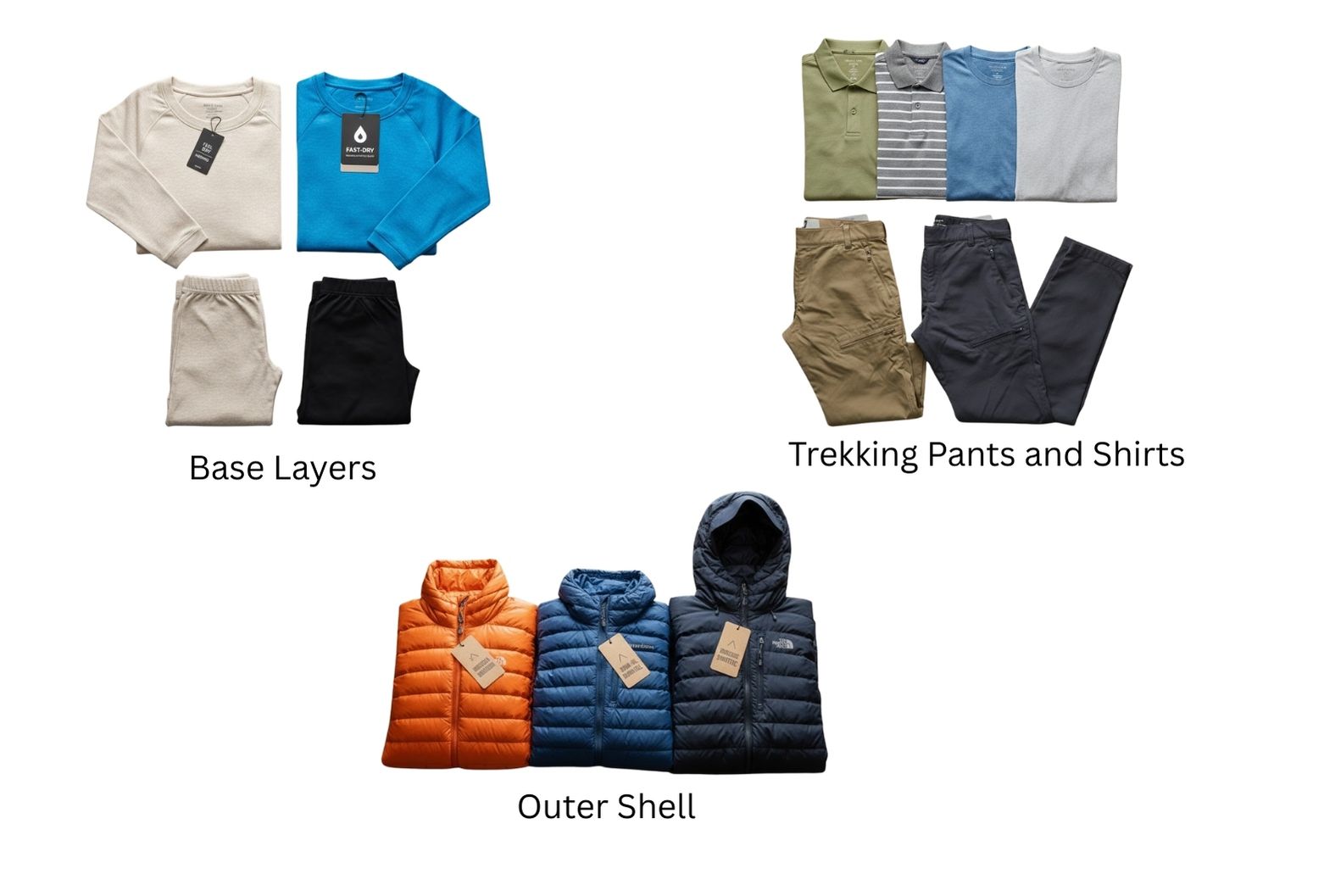 Langtang trekking clothing including moisture Wicking base layers, quick Dry shirts, pants, and insulated outer shell jackets.