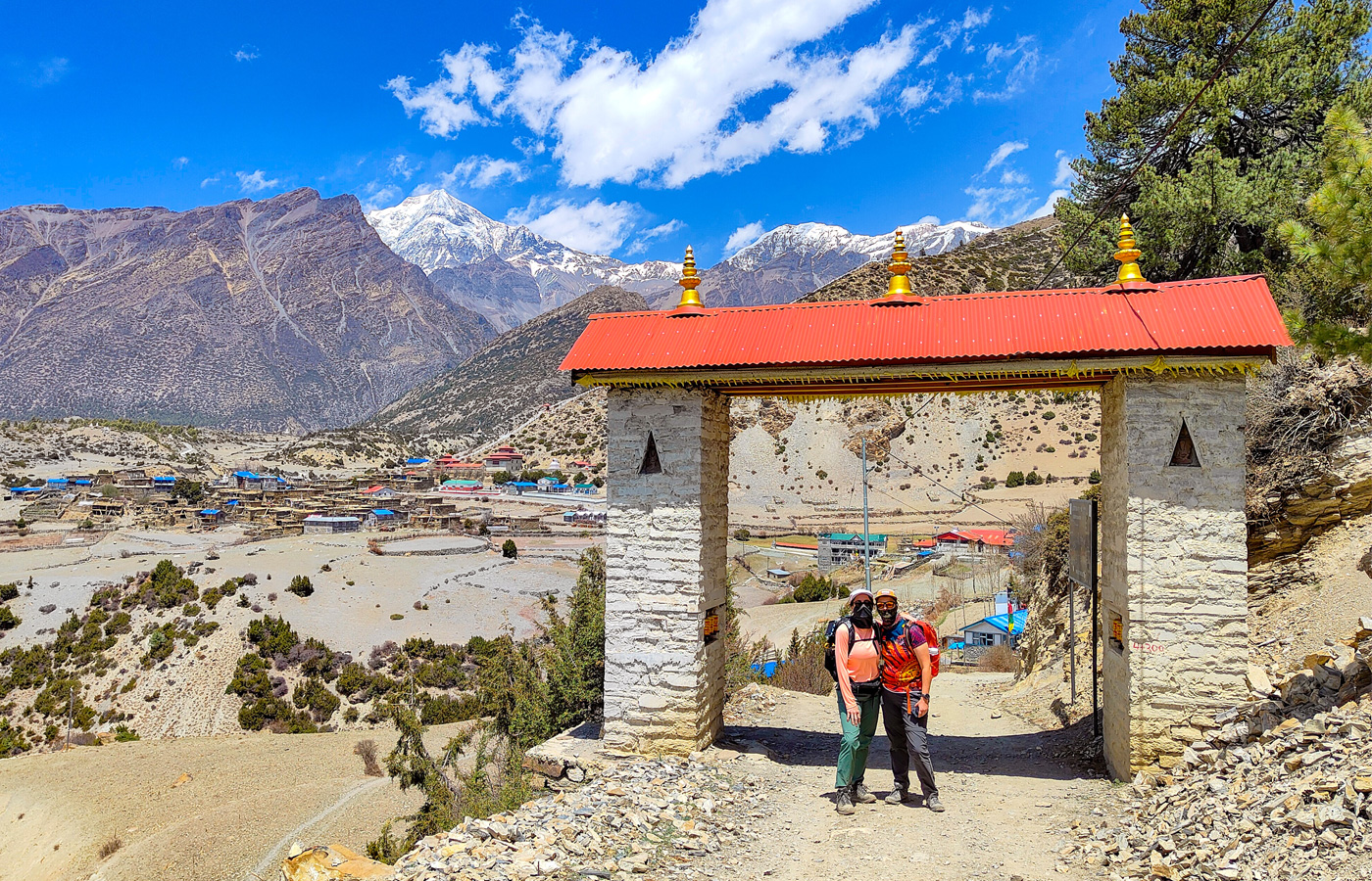 View over Manang village and surrounding mountains from the Chongkor Viewpoint during acclimatization hike