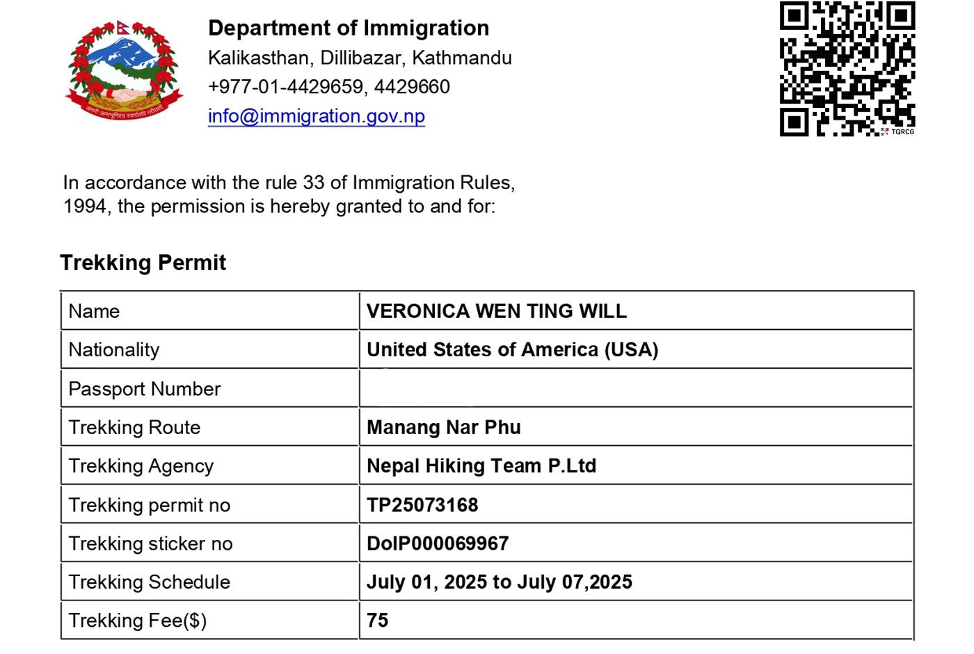 Nepal trekking permit document with government header, traveler information table showing trek route, agency, permit numbers, schedule, and fee.